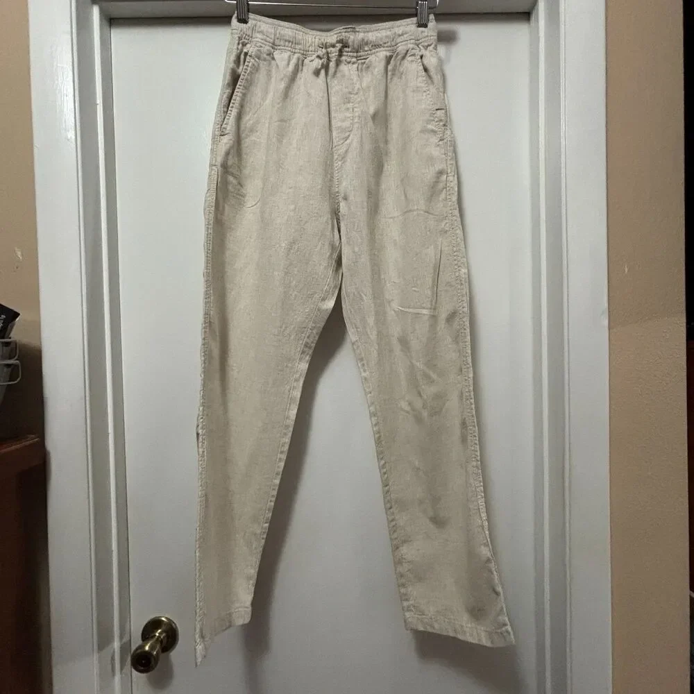 H&M Women's 100% Linen comfort Drawstring Pants Size 16 Beige slash pockets